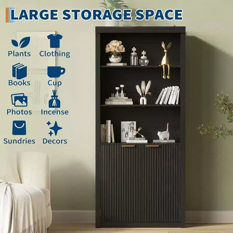 Libreria alta 180 cm con ante a scanalatura, scaffali espositivi a 5 ripiani con armadietto e ripiano regolabile, librerie moderne di metà secolo