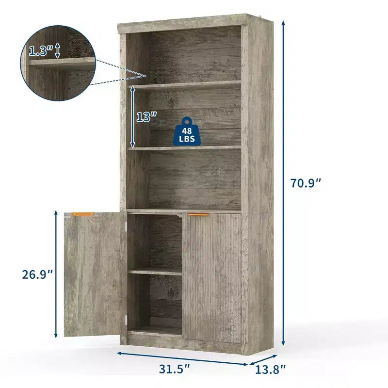 Libreria alta 180 cm con ante a scanalatura, scaffali espositivi a 5 ripiani con armadietto e ripiano regolabile, librerie moderne di metà secolo
