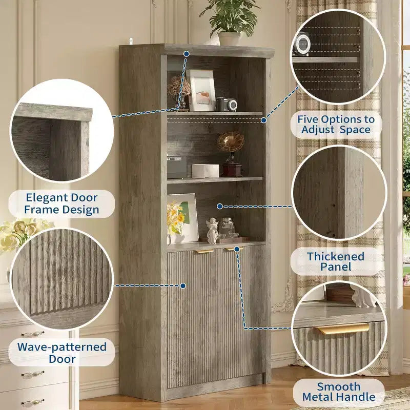 Libreria alta 180 cm con ante a scanalatura, scaffali espositivi a 5 ripiani con armadietto e ripiano regolabile, librerie moderne di metà secolo
