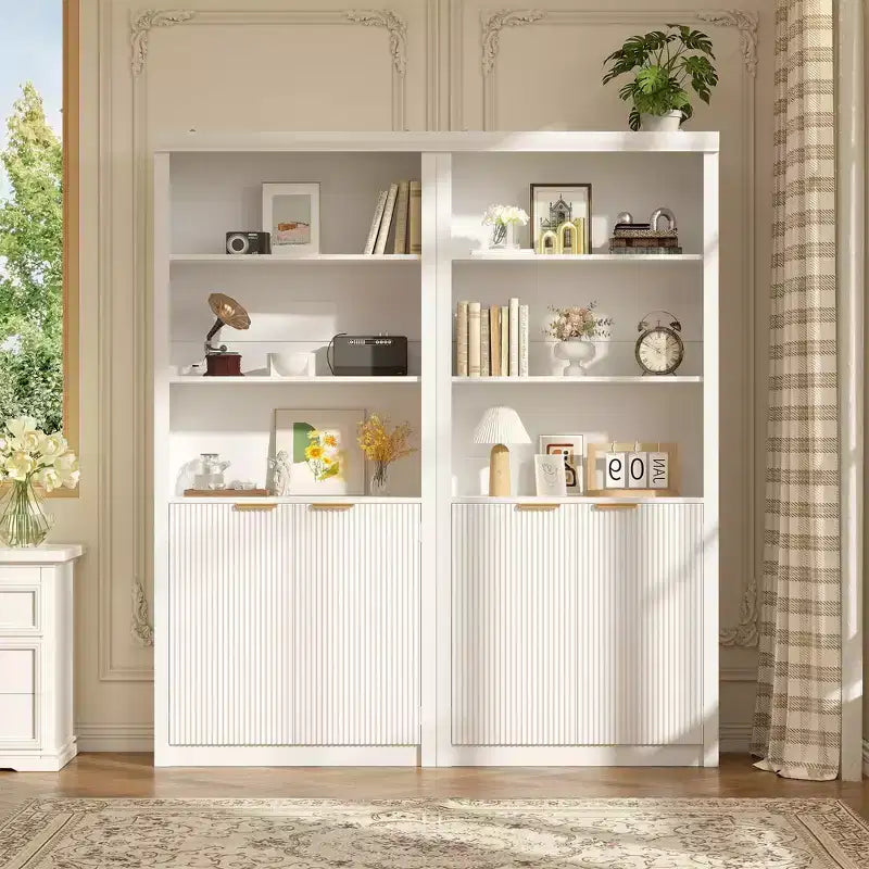 Libreria alta 180 cm con ante a scanalatura, scaffali espositivi a 5 ripiani con armadietto e ripiano regolabile, librerie moderne di metà secolo