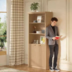 Libreria alta 180 cm con ante a scanalatura, scaffali espositivi a 5 ripiani con armadietto e ripiano regolabile, librerie moderne di metà secolo