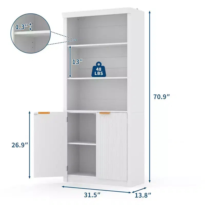 Libreria alta 180 cm con ante a scanalatura, scaffali espositivi a 5 ripiani con armadietto e ripiano regolabile, librerie moderne di metà secolo