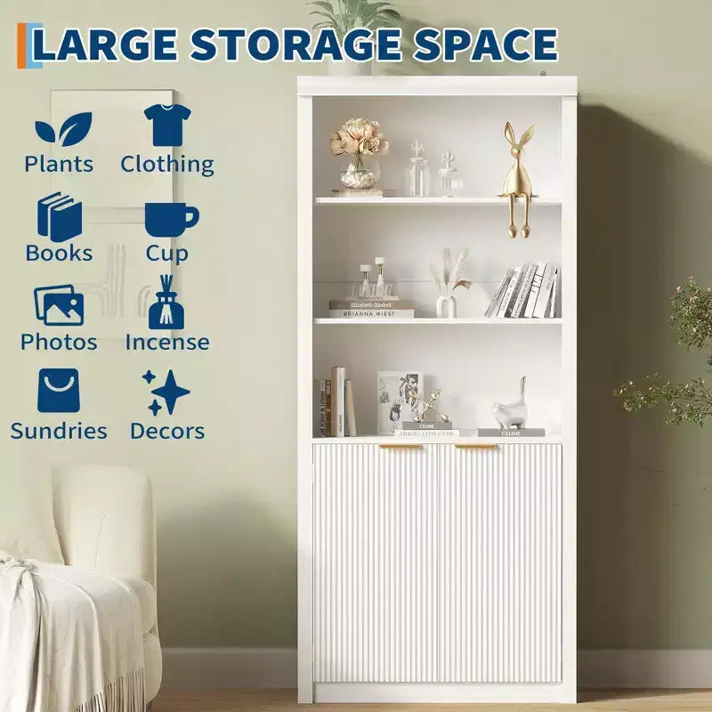 Libreria alta 180 cm con ante a scanalatura, scaffali espositivi a 5 ripiani con armadietto e ripiano regolabile, librerie moderne di metà secolo