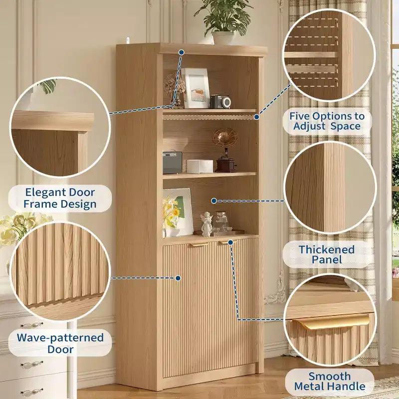 Libreria alta 180 cm con ante a scanalatura, scaffali espositivi a 5 ripiani con armadietto e ripiano regolabile, librerie moderne di metà secolo