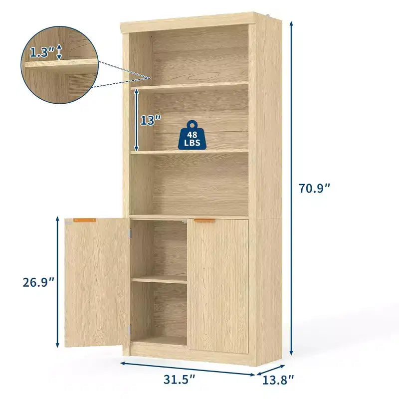 Libreria alta 180 cm con ante a scanalatura, scaffali espositivi a 5 ripiani con armadietto e ripiano regolabile, librerie moderne di metà secolo