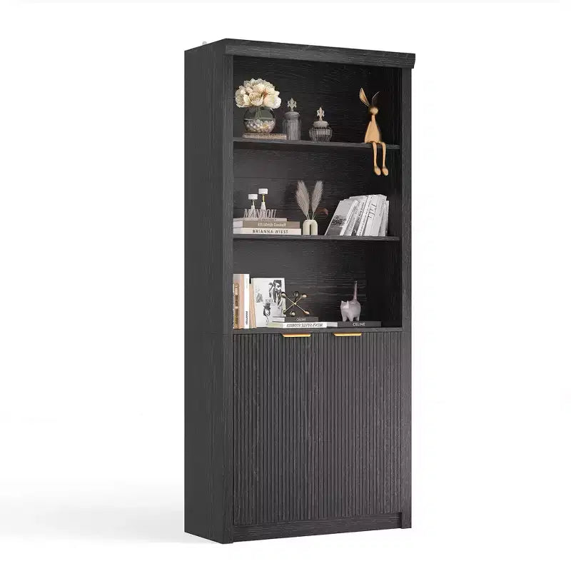 Libreria alta 180 cm con ante a scanalatura, scaffali espositivi a 5 ripiani con armadietto e ripiano regolabile, librerie moderne di metà secolo