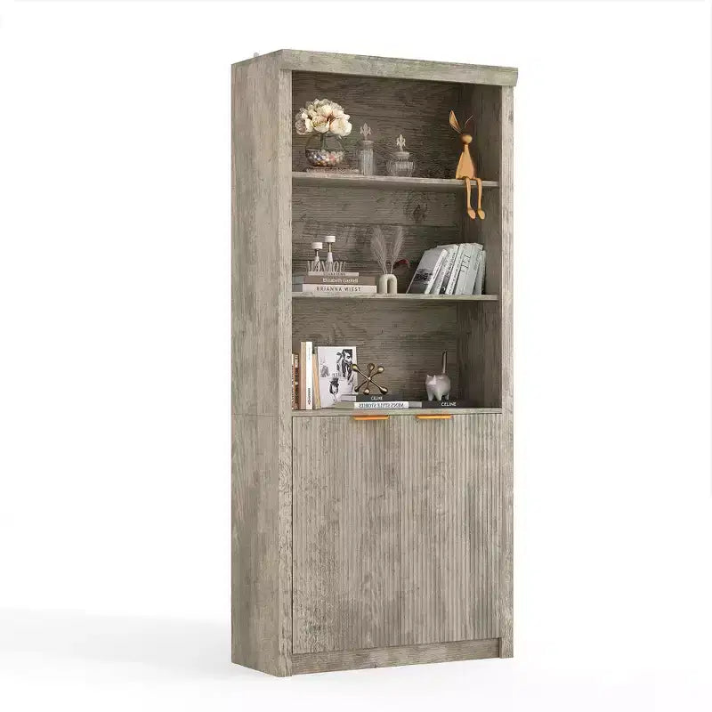 Libreria alta 180 cm con ante a scanalatura, scaffali espositivi a 5 ripiani con armadietto e ripiano regolabile, librerie moderne di metà secolo