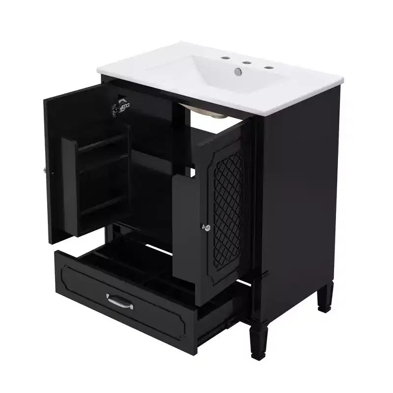 Mobile bagno con lavabo integrato, Mobiletto contenitore per bagno con cassetti e scaffale a giorno, Mobile bagno a lavabo singolo