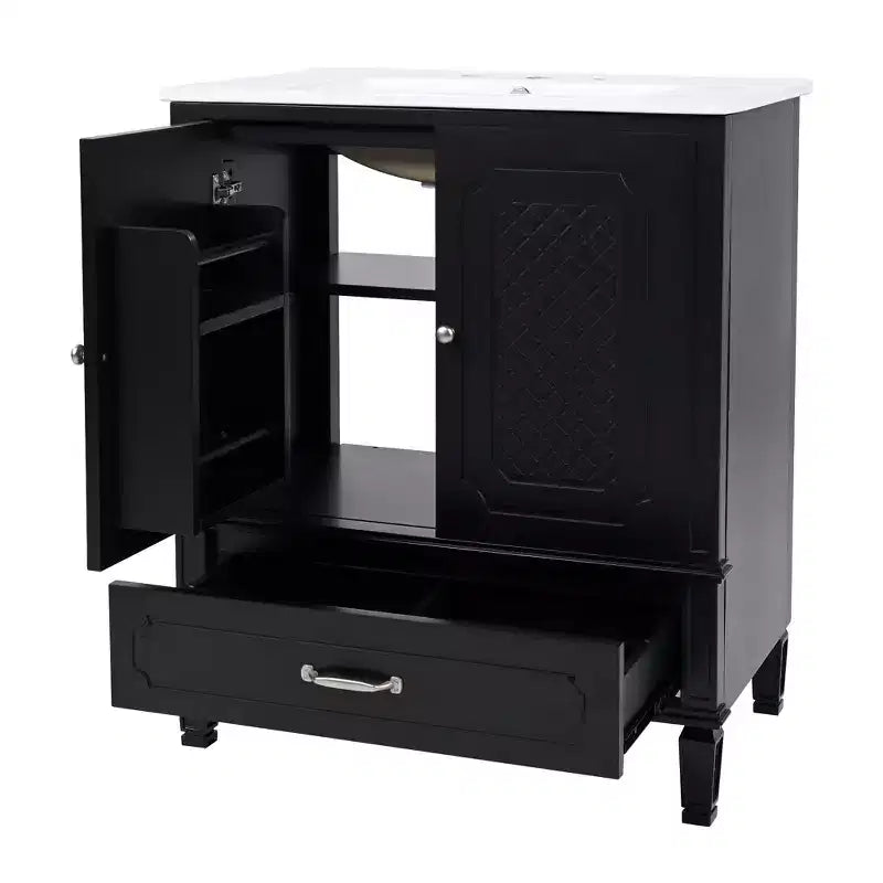 Mobile bagno con lavabo integrato, Mobiletto contenitore per bagno con cassetti e scaffale a giorno, Mobile bagno a lavabo singolo