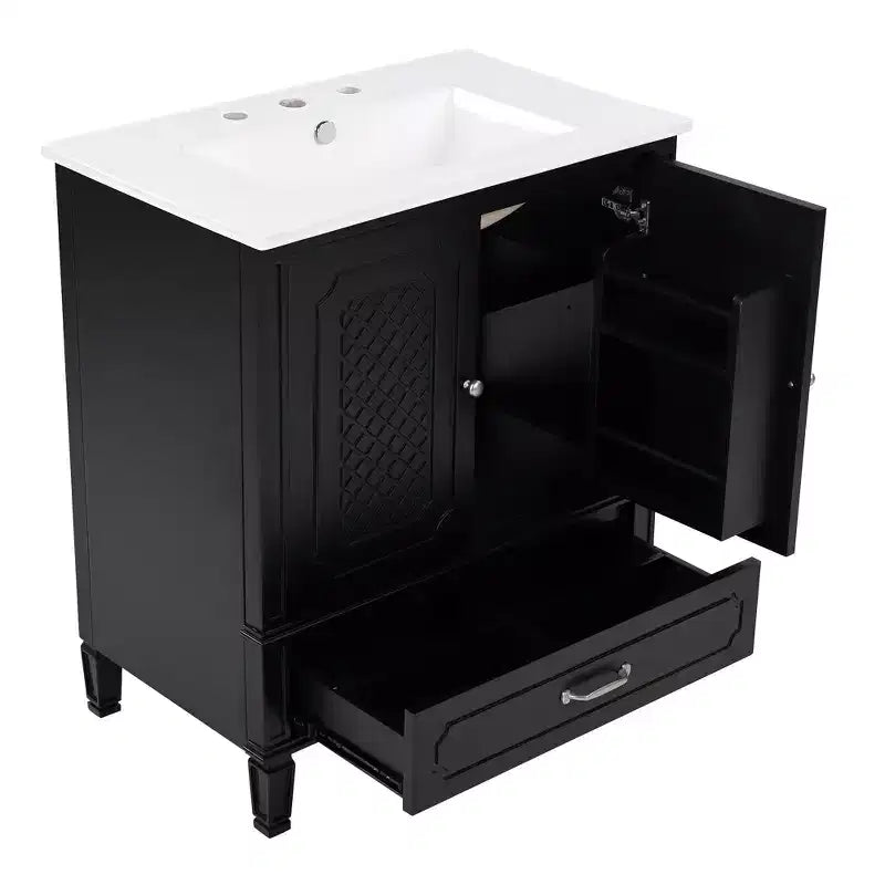 Mobile bagno con lavabo integrato, Mobiletto contenitore per bagno con cassetti e scaffale a giorno, Mobile bagno a lavabo singolo