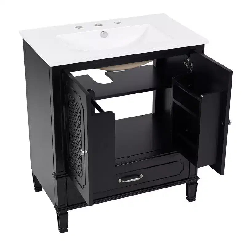 Mobile bagno con lavabo integrato, Mobiletto contenitore per bagno con cassetti e scaffale a giorno, Mobile bagno a lavabo singolo