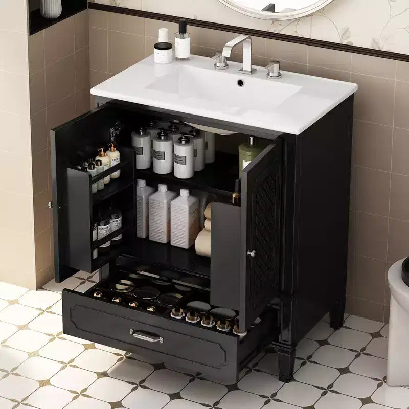Mobile bagno con lavabo integrato, Mobiletto contenitore per bagno con cassetti e scaffale a giorno, Mobile bagno a lavabo singolo
