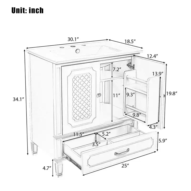 Mobile bagno con lavabo integrato, Mobiletto contenitore per bagno con cassetti e scaffale a giorno, Mobile bagno a lavabo singolo