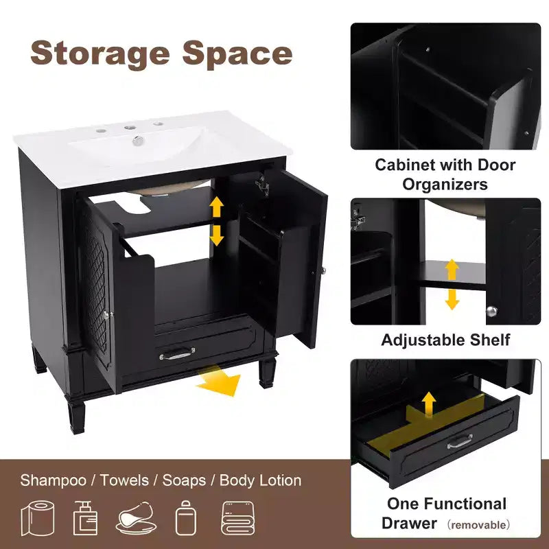 Mobile bagno con lavabo integrato, Mobiletto contenitore per bagno con cassetti e scaffale a giorno, Mobile bagno a lavabo singolo