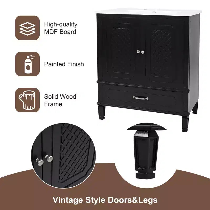 Mobile bagno con lavabo integrato, Mobiletto contenitore per bagno con cassetti e scaffale a giorno, Mobile bagno a lavabo singolo