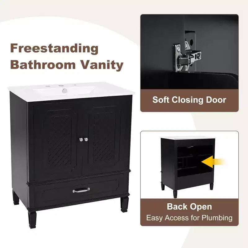 Mobile bagno con lavabo integrato, Mobiletto contenitore per bagno con cassetti e scaffale a giorno, Mobile bagno a lavabo singolo