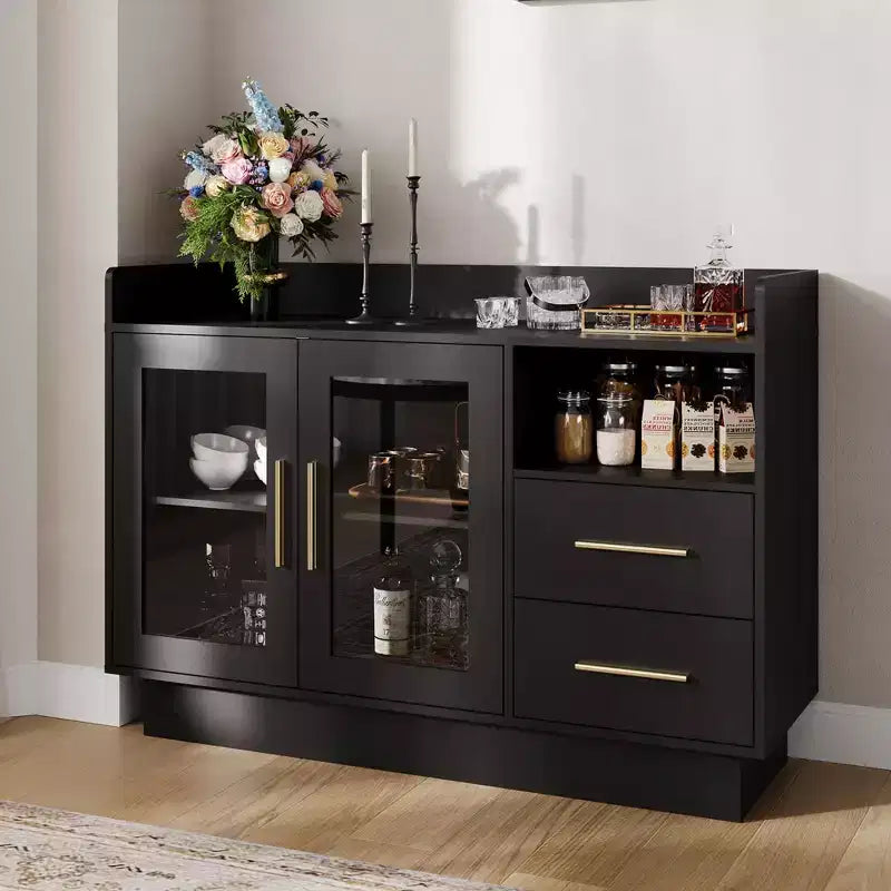 Cantinetta per vini - Stazione bar caffè, mobile per liquori ad alta capacità di carico con cassetti, doppie ante in vetro resistenti e design antiribaltamento