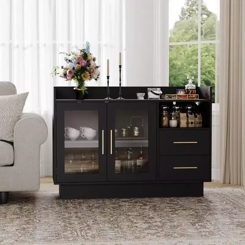 Cantinetta per vini - Stazione bar caffè, mobile per liquori ad alta capacità di carico con cassetti, doppie ante in vetro resistenti e design antiribaltamento