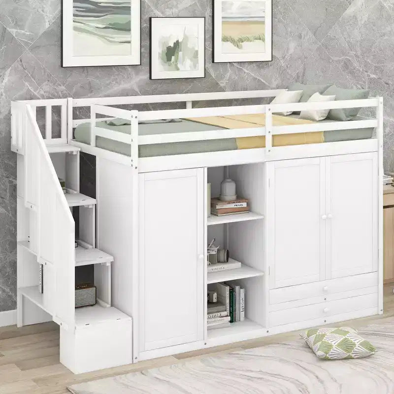 GDFStudio Duke Letto a soppalco con 3 scaffali, 2 armadi e 2 cassetti, scala con contenitore