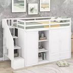 GDFStudio Duke Letto a soppalco con 3 scaffali, 2 armadi e 2 cassetti, scala con contenitore