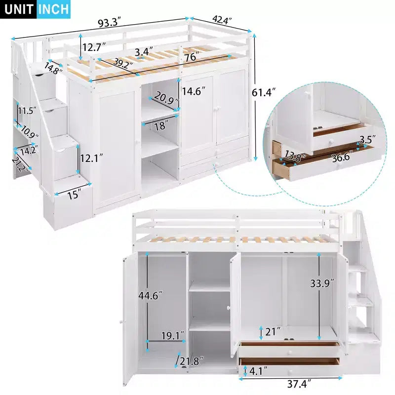 GDFStudio Duke Letto a soppalco con 3 scaffali, 2 armadi e 2 cassetti, scala con contenitore