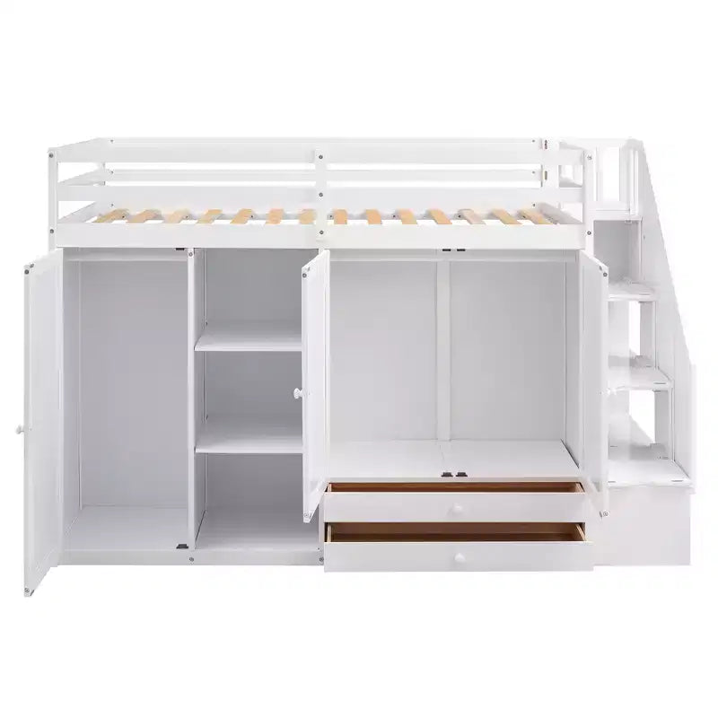 GDFStudio Duke Letto a soppalco con 3 scaffali, 2 armadi e 2 cassetti, scala con contenitore