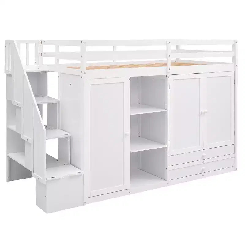 GDFStudio Duke Letto a soppalco con 3 scaffali, 2 armadi e 2 cassetti, scala con contenitore