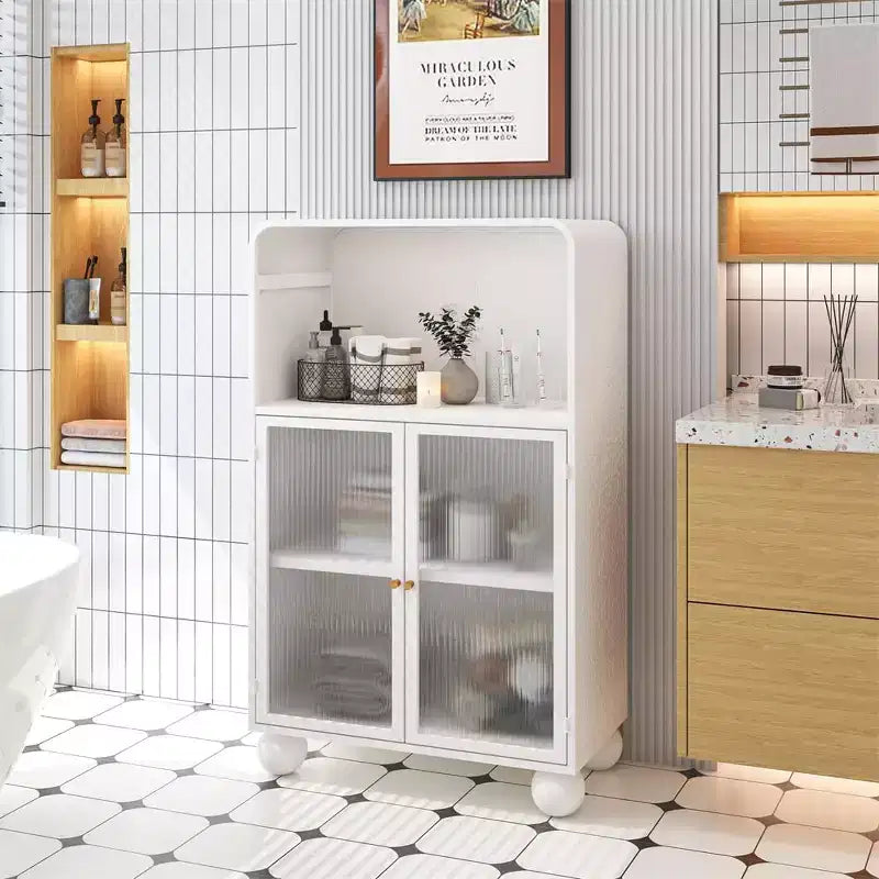 Mobiletto da Bagno con Ante, Mobile Contenitore Alto 115 cm con Sportelli in Vetro, Armadietto Espositore Autoportante per Cucina, Soggiorno, Corridoio.