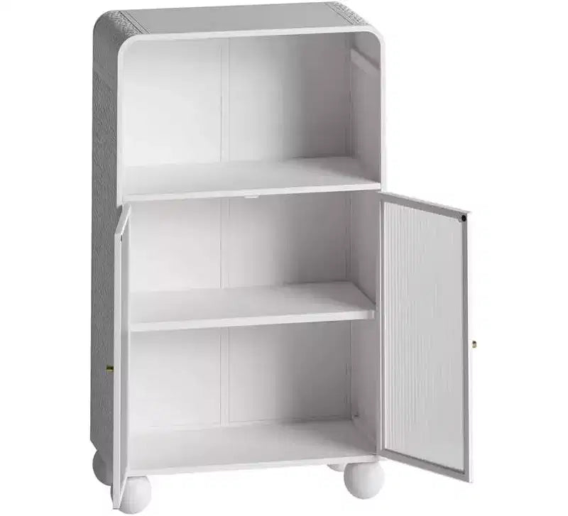 Mobiletto da Bagno con Ante, Mobile Contenitore Alto 115 cm con Sportelli in Vetro, Armadietto Espositore Autoportante per Cucina, Soggiorno, Corridoio.