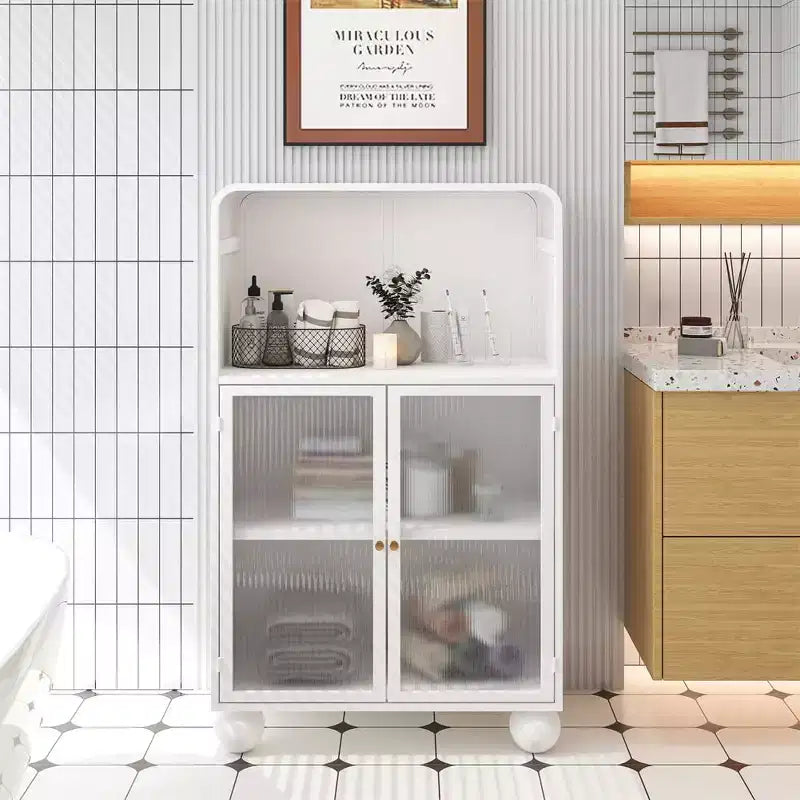 Mobiletto da Bagno con Ante, Mobile Contenitore Alto 115 cm con Sportelli in Vetro, Armadietto Espositore Autoportante per Cucina, Soggiorno, Corridoio.