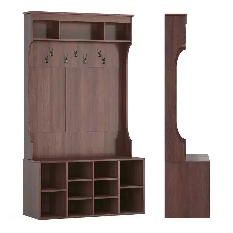 MAYEERTY Appendiabiti da Ingresso in Legno di Noce Nero 71" con Scarpiera, 7 Ganci - Autoportante, Panchina Regolabile, per Ingresso/Mudroom