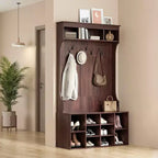 MAYEERTY Appendiabiti da Ingresso in Legno di Noce Nero 71" con Scarpiera, 7 Ganci - Autoportante, Panchina Regolabile, per Ingresso/Mudroom