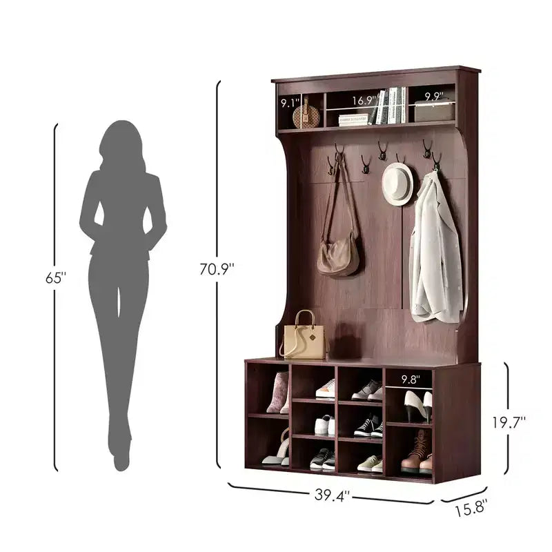 MAYEERTY Appendiabiti da Ingresso in Legno di Noce Nero 71" con Scarpiera, 7 Ganci - Autoportante, Panchina Regolabile, per Ingresso/Mudroom