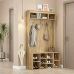 MAYEERTY Appendiabiti da Ingresso in Legno di Noce Nero 71" con Scarpiera, 7 Ganci - Autoportante, Panchina Regolabile, per Ingresso/Mudroom