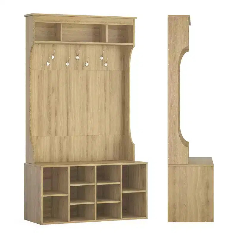 MAYEERTY Appendiabiti da Ingresso in Legno di Noce Nero 71" con Scarpiera, 7 Ganci - Autoportante, Panchina Regolabile, per Ingresso/Mudroom