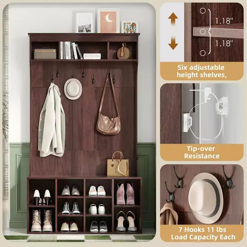 MAYEERTY Appendiabiti da Ingresso in Legno di Noce Nero 71" con Scarpiera, 7 Ganci - Autoportante, Panchina Regolabile, per Ingresso/Mudroom