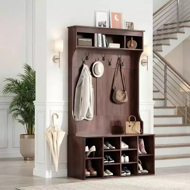 MAYEERTY Appendiabiti da Ingresso in Legno di Noce Nero 71" con Scarpiera, 7 Ganci - Autoportante, Panchina Regolabile, per Ingresso/Mudroom