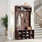MAYEERTY Appendiabiti da Ingresso in Legno di Noce Nero 71" con Scarpiera, 7 Ganci - Autoportante, Panchina Regolabile, per Ingresso/Mudroom