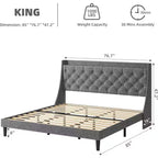 Struttura Letto Imbottita King Size con Porte USB, Testiera a Orecchioni, Ripiano Portaoggetti e Stazione di Ricarica, Design Trapuntato a Bottoni