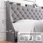 Struttura Letto Imbottita King Size con Porte USB, Testiera a Orecchioni, Ripiano Portaoggetti e Stazione di Ricarica, Design Trapuntato a Bottoni