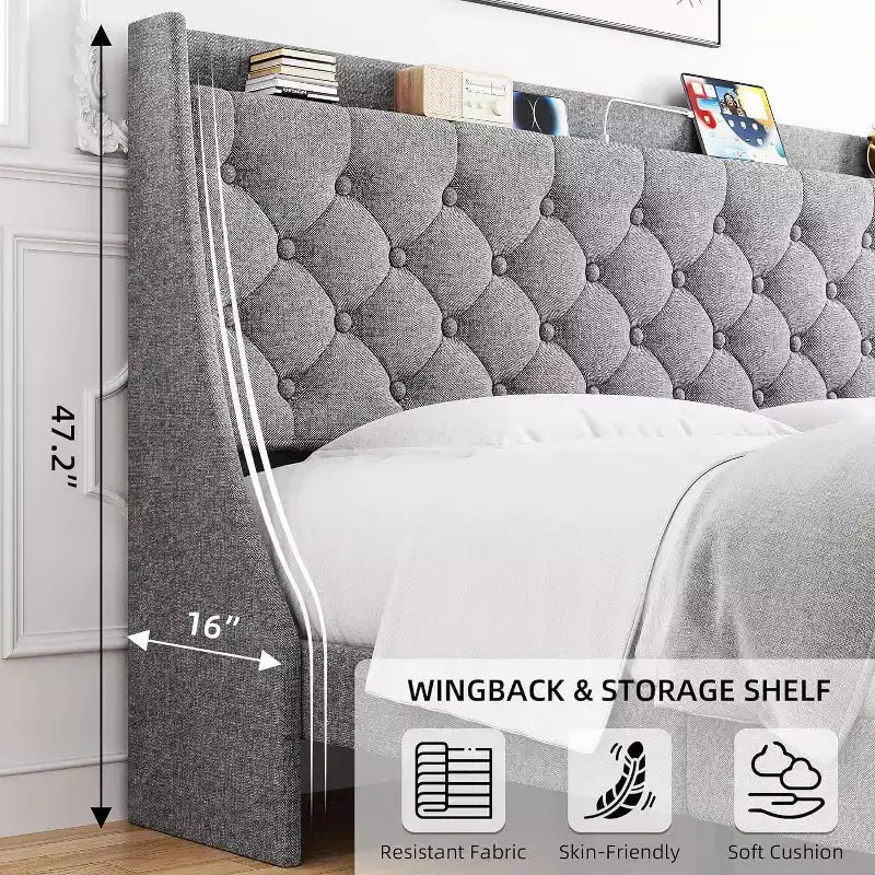 Struttura Letto Imbottita King Size con Porte USB, Testiera a Orecchioni, Ripiano Portaoggetti e Stazione di Ricarica, Design Trapuntato a Bottoni