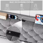 Struttura Letto Imbottita King Size con Porte USB, Testiera a Orecchioni, Ripiano Portaoggetti e Stazione di Ricarica, Design Trapuntato a Bottoni