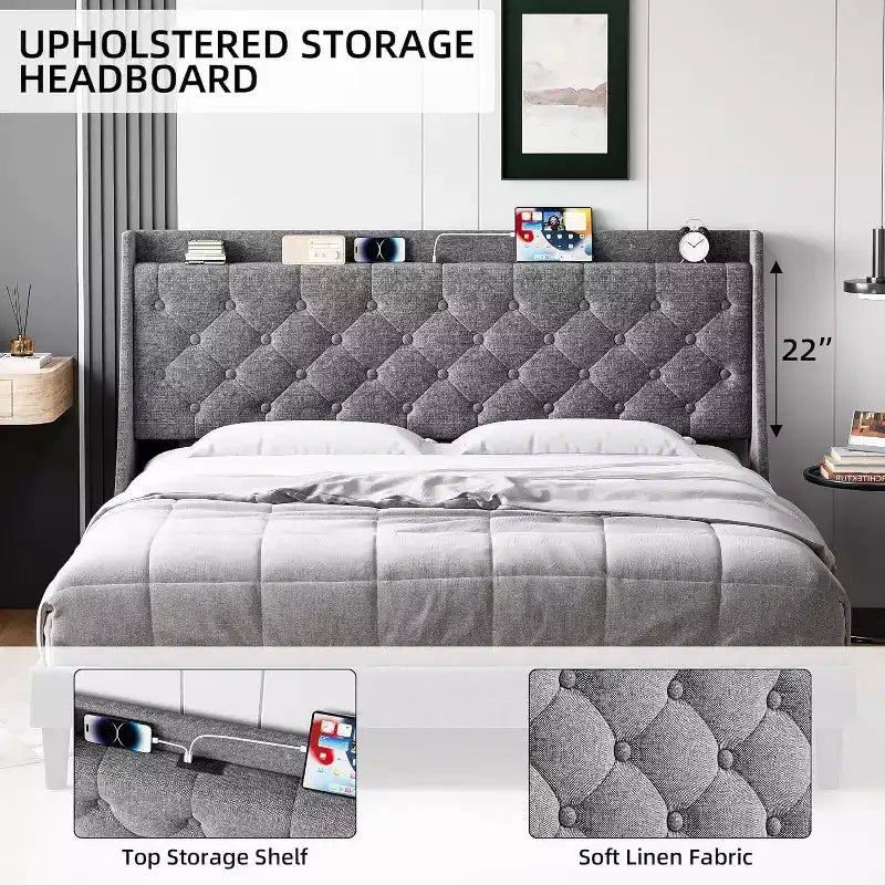 Struttura Letto Imbottita King Size con Porte USB, Testiera a Orecchioni, Ripiano Portaoggetti e Stazione di Ricarica, Design Trapuntato a Bottoni