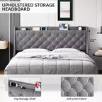 Struttura Letto Imbottita King Size con Porte USB, Testiera a Orecchioni, Ripiano Portaoggetti e Stazione di Ricarica, Design Trapuntato a Bottoni