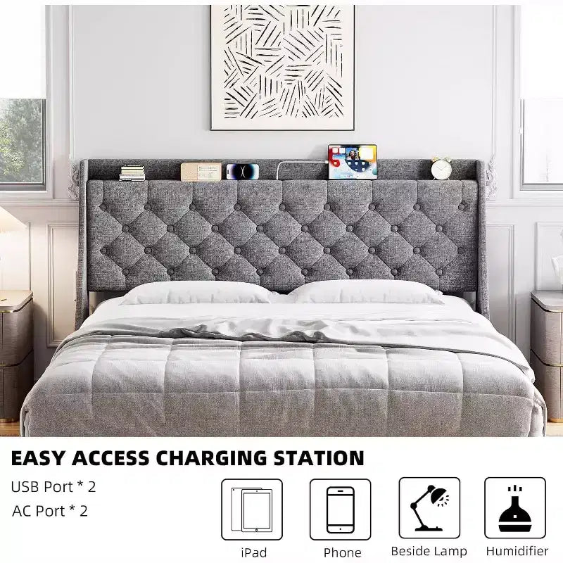 Struttura Letto Imbottita King Size con Porte USB, Testiera a Orecchioni, Ripiano Portaoggetti e Stazione di Ricarica, Design Trapuntato a Bottoni