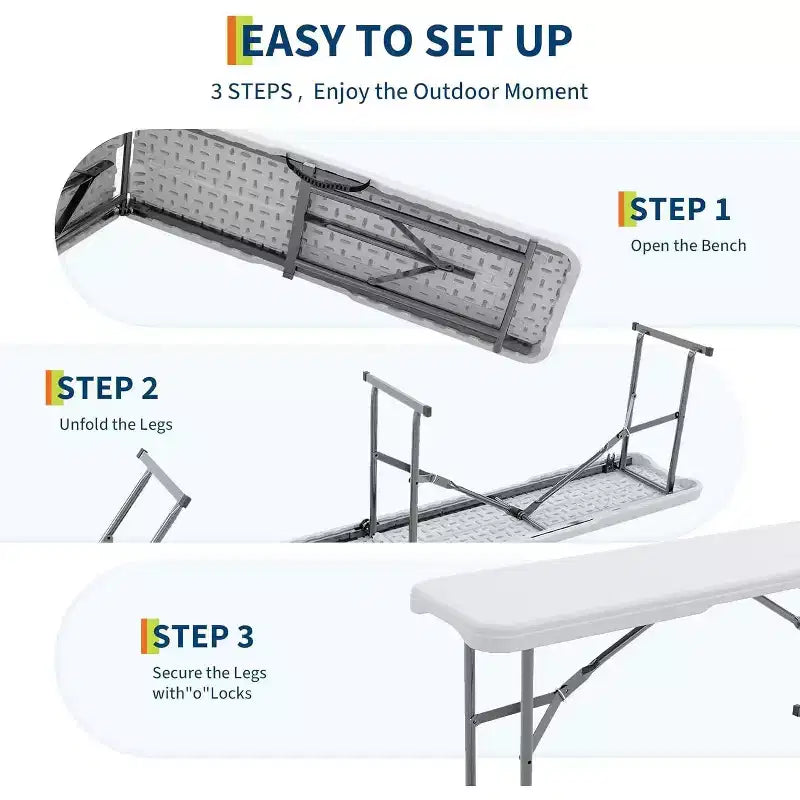 Panca Pieghevole Portatile 180cm, 2 Pezzi, Panca Pieghevole in Plastica HDPE con Maniglia per il Trasporto per Picnic all'Aperto, Campeggio, Feste e Attività Sportive