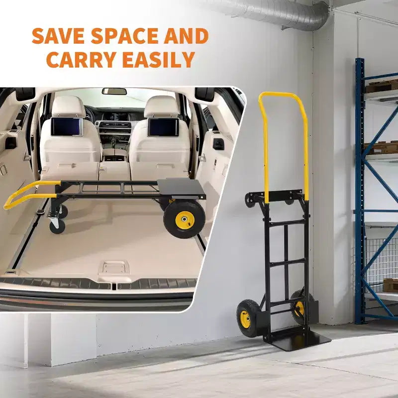 Carrello con Ruote - Capacità 180 kg Carrello a Mano Robusto con 4 Ruote Antiforatura, Carrello a Mano 2 in 1