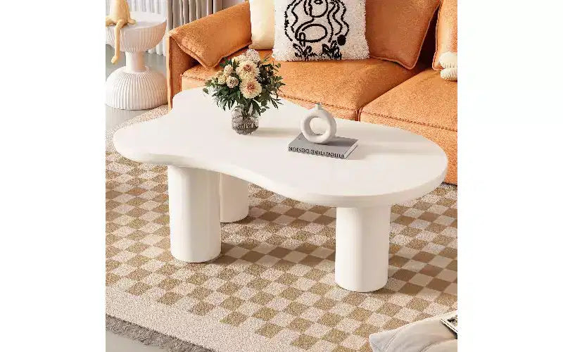 TUYOHW Cloud-Shaped MDF Coffee Table with Round Edge, Thick Cylindrical Legs Center Table for Living Room, Irregular End Table with 3 Sturdy Legs