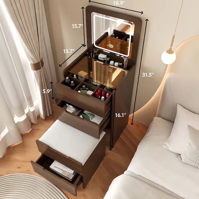 48cm 3-in-1 Vanity Desk - Flip Top Mirror, Glass Top & 3 Drawers, Compact Makeup Table for Bedroom